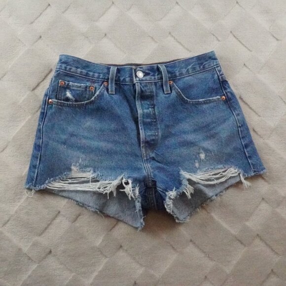 Levi's 501 jean Shorts Womens 28 Button Fly Distressed Blue Rigid Denim - Picture 1 of 10